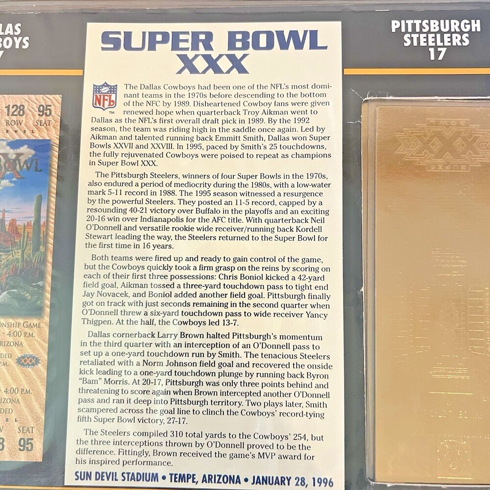 Super Bowl XXX Commemorative Gold Plated Super Bowl Ticket 22KT Willabee & Ward - Picture 4 of 10